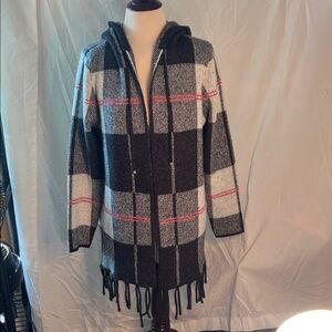 Adrienne Vittadini Black and Gray Plaid Fringe Jacket